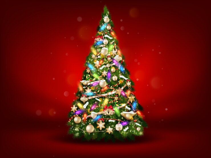 Vector árbol de navidad verde abstracto sobre fondo rojo.