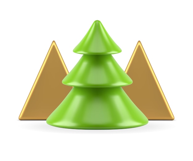 Árbol de Navidad verde brillante con triángulo dorado metálico pirámide forma geométrica 3d icono vector