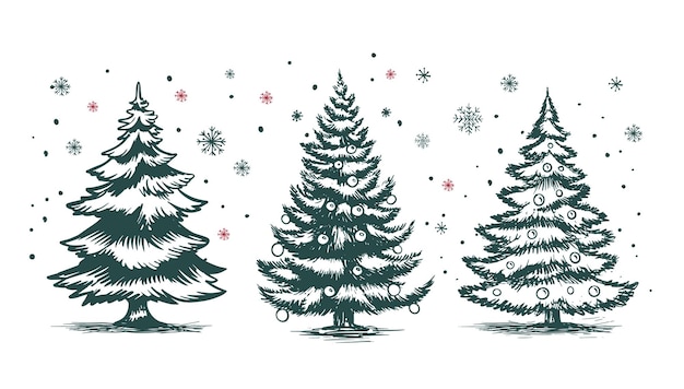 Árbol de Navidad verde colocado en una ilustración dibujada a mano blanca