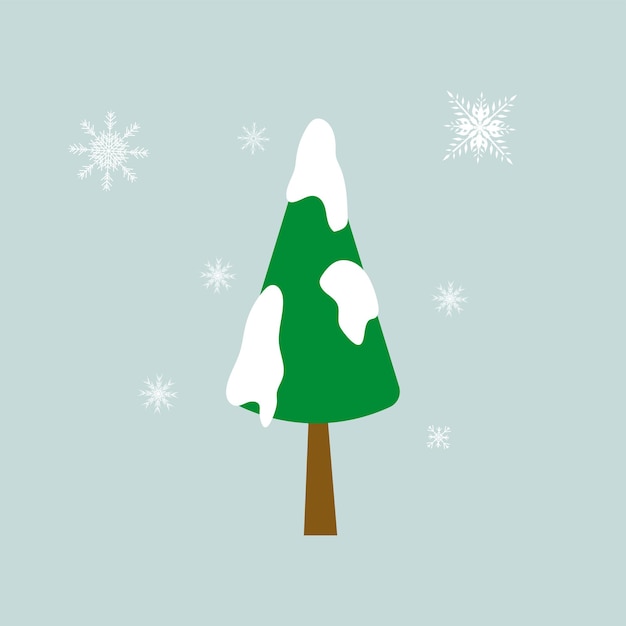 Árbol de Navidad verde y copos de nieve en fondo azul claro utilizados para el vector del concepto de primavera