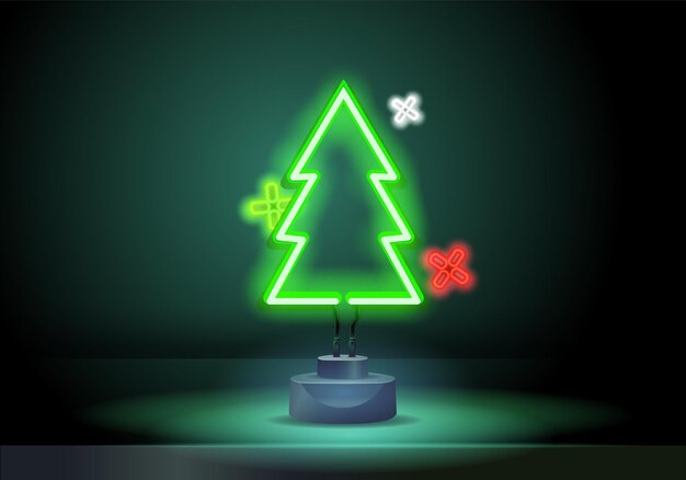 Árbol de navidad verde luz de neón neón tres letreros de vacaciones árbol de navidad y calcetín de vacaciones ilustración vectorial ...
