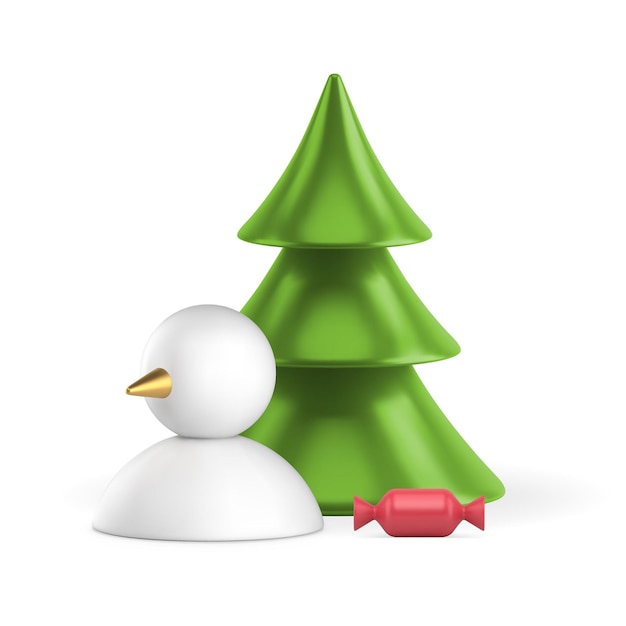 Vector Árbol de navidad verde con muñeco de nieve y caramelo dulce decoración de vacaciones de invierno vector de icono 3d realista