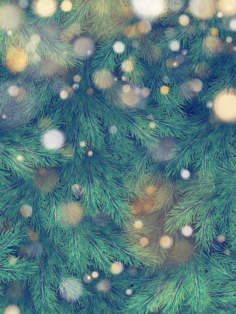 Árbol de Navidad verde ramas de pino y guirnalda de oro luces.