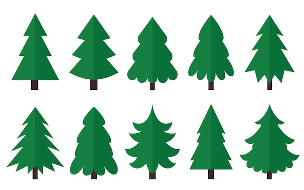 Árbol de Navidad verde signo plano conjunto Feliz año nuevo feliz Navidad siempre verde cono planta símbolo abeto picea pino Vacaciones de invierno víspera tarjeta de felicitación elemento de diseño de dibujos animados aislado en fondo blanco