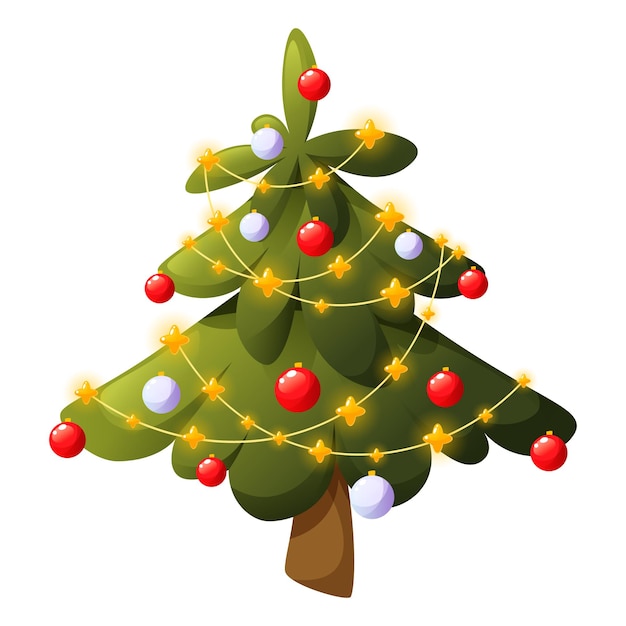 Árbol de Navidad verde vectorial sobre fondo blanco hermoso árbol de Año Nuevo brillante con decoraciones