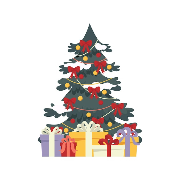 Árbol nevado de Navidad decorado con cajas de regalo con lazos de cinta, estrellas, luces, bolas y lámparas.