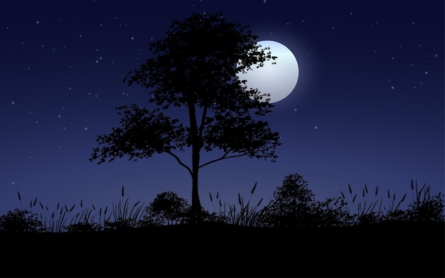 Vector Árbol noche luz de la luna paisaje