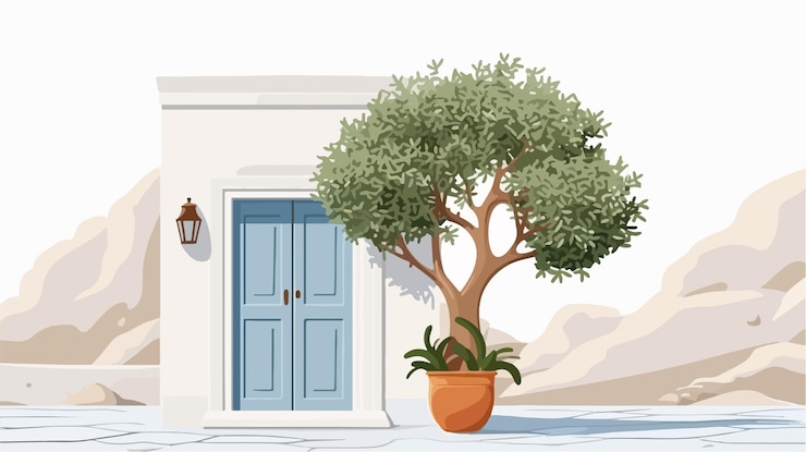 Vector árbol de olivo mediterráneo en una olla junto a white doors en la isla de santorini