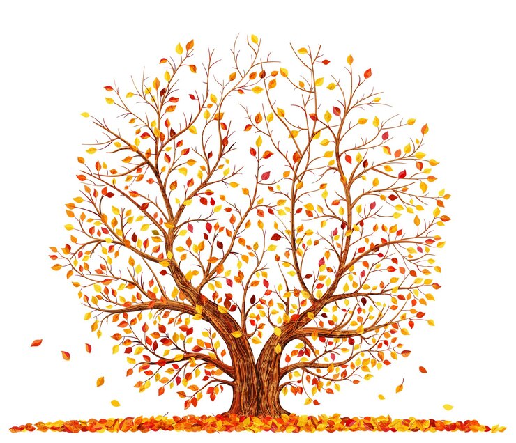 Vector árbol de otoño con hojas que caen aisladas en la ilustración de vector de fondo blanco.