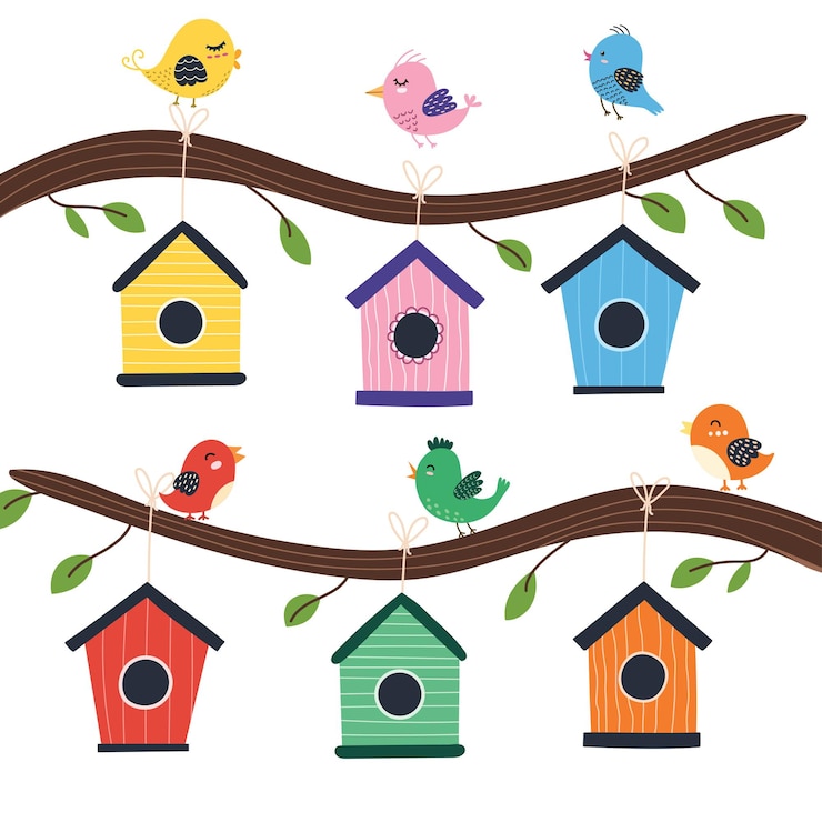 Vector árbol de pajarera con ilustración de pájaros lindos