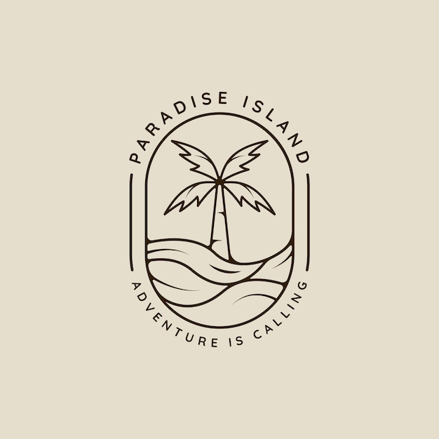 árbol de palma y olas del océano arte de línea logo vector sencillo modelo de ilustración icona diseño gráfico árbol de coco y olas marinas signo o símbolo para empresa de viajes con insignia tipografía