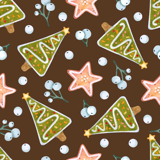 Árbol de pan de jengibre y galletas estrella acuarela de patrones sin fisuras