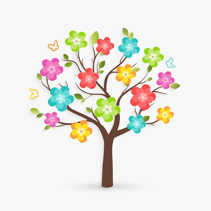 Vector árbol de papel con hojas verdes flores coloridas y brillantes cortadas de papel sobre madera