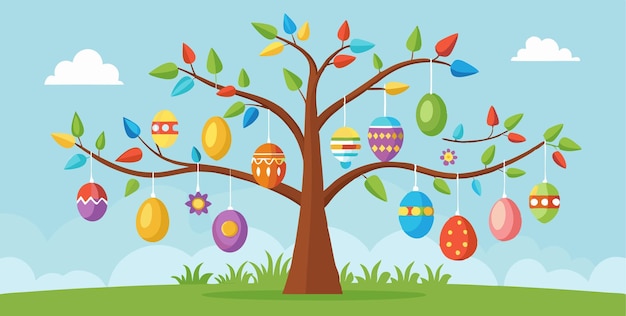 Árbol de Pascua colorido con huevos decorados colgando en el paisaje de primavera