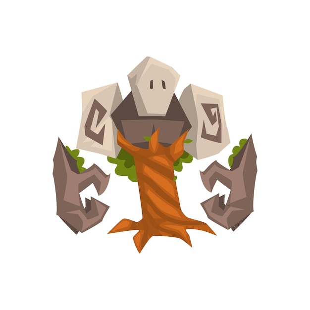 Árbol de piedra Golem Fantasía Monstruo místico Criatura de dibujos animados Personaje Ilustración vectorial en fondo blanco