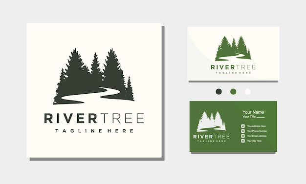 Árbol de pino de hoja perenne con vector de diseño de logotipo de river creek