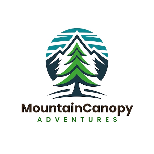 Árbol de pino con silueta de montaña en diseño de logotipo verde y azul