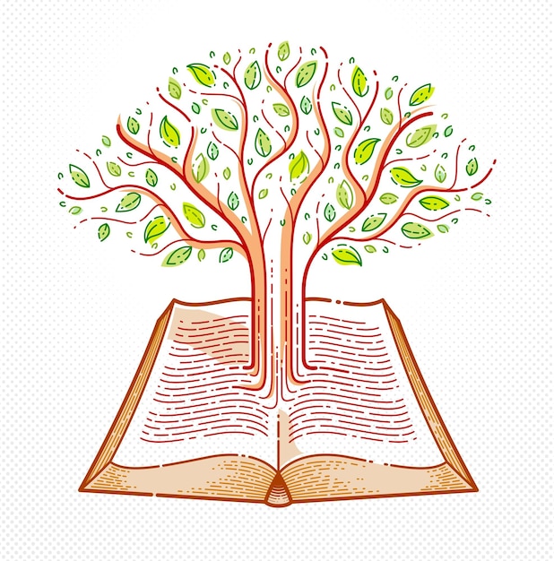 Árbol que crece a partir de líneas de texto de un concepto abierto de educación de libros antiguos o conocimiento científico, logotipo o emblema vectorial de la biblioteca de literatura educativa o científica.