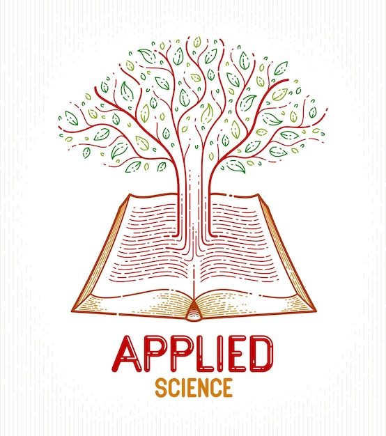 Árbol que crece a partir de líneas de texto de un concepto abierto de educación de libros antiguos o conocimiento científico, logotipo o emblema vectorial de la biblioteca de literatura educativa o científica.