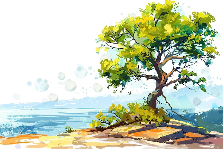 Árbol que es parte de un paisaje en el estilo de caricaturas vibrantes escenas costeras 3840x2160 colorf