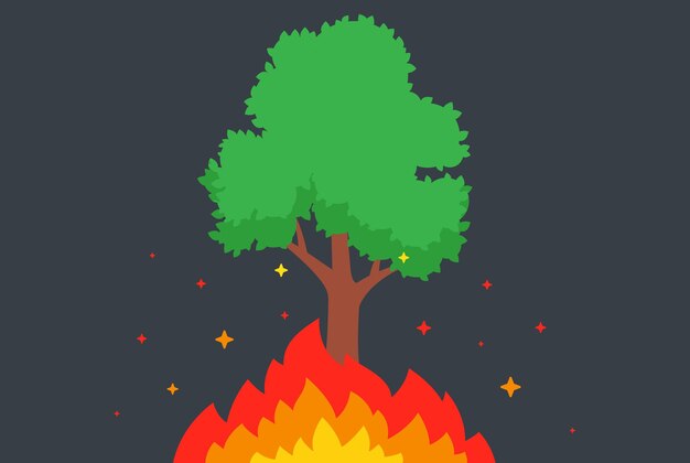 El árbol se está quemando. fuego en el bosque. la llama arde. ilustración vectorial plana.