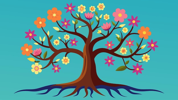 Vector un árbol con raíces nudosas y flores vibrantes que apuntan a las fuertes conexiones familiares de los soñadores