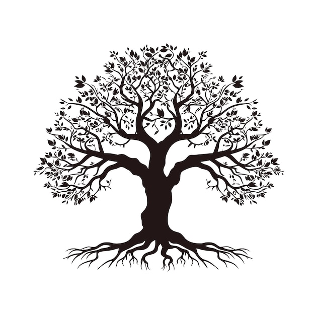 un árbol de roble silueta tatuaje vector simplista negro