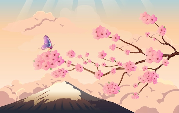 Árbol de sakura y montaña fuji ilustración vectorial