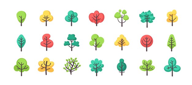 Árbol simple Bosque verde plano Planta de jardín botánico ingenuo con hojas tronco de corona Árboles de follaje del parque Escena de la naturaleza Gráficos verdes ecológicos Bosques conjunto vectorial de siluetas