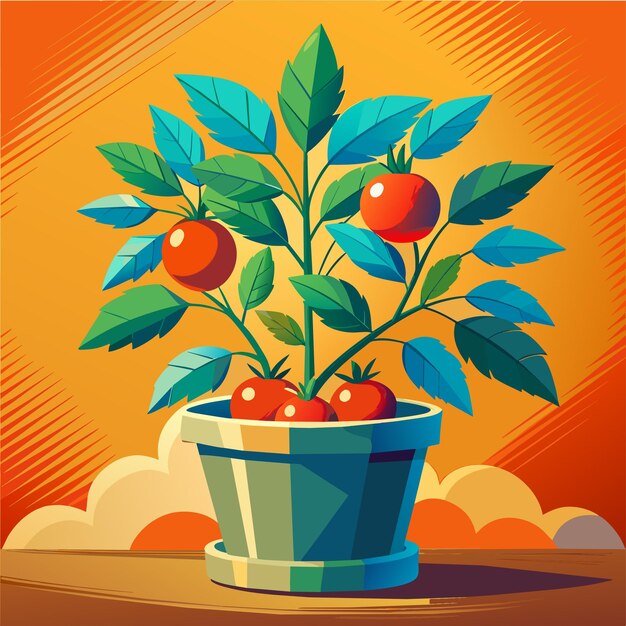 Vector Árbol de tomate en una ilustración vectorial de olla