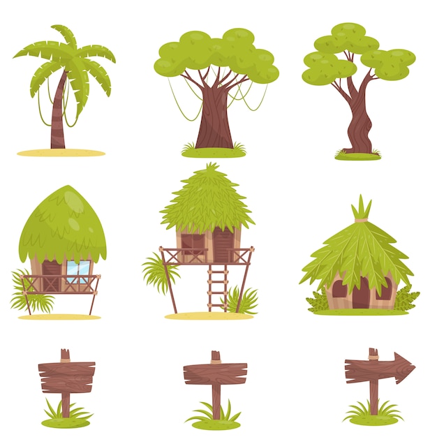 Árbol tropical, bungalows y viejas señales de carretera de madera, elementos del paisaje del bosque de la selva tropical ilustración sobre un fondo blanco