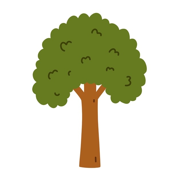 Un árbol verde aislado en un fondo blanco ilustrado a mano en un estilo plano