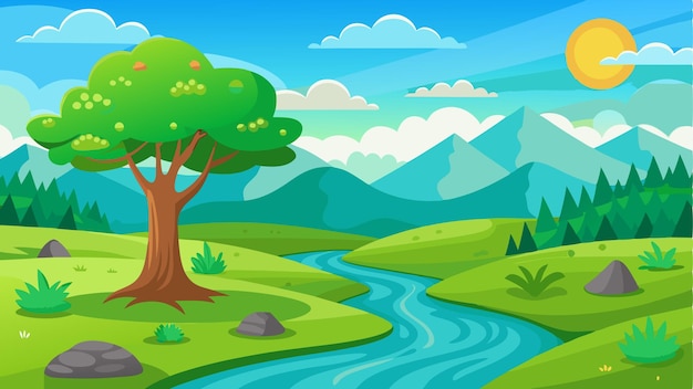 Árbol verde del bosque al lado de la carretera y el río para la animación de dibujos animados