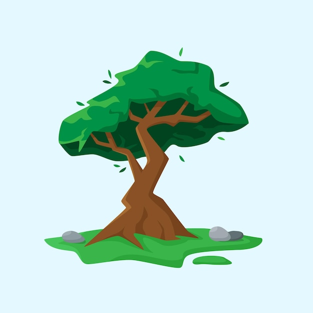 Árbol verde de dibujos animados. Ilustración de vector de estilo plano.