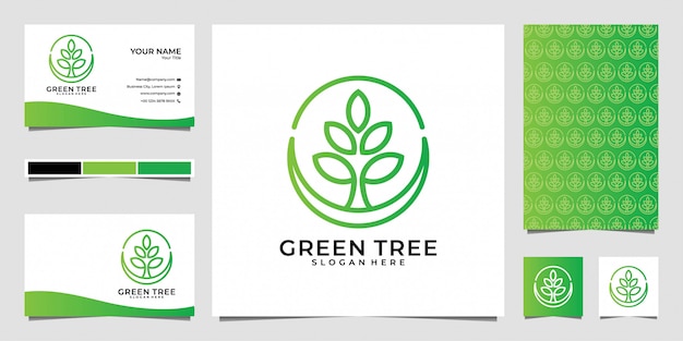 árbol verde con diseño de logotipo de estilo de arte lineal y tarjeta de visita