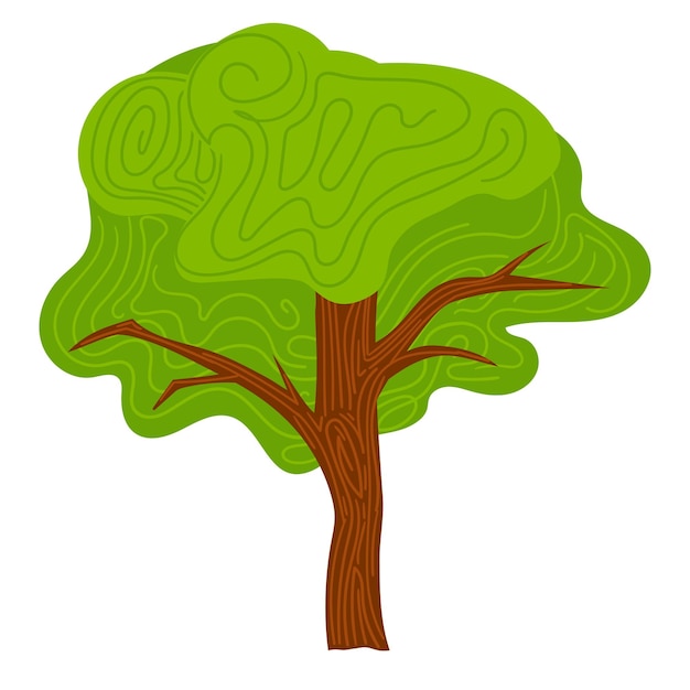 Árbol verde estilizado con tronco marrón y patrones giratorios en el follaje