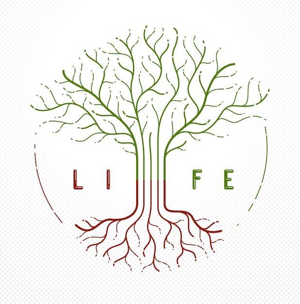 Árbol de la vida vida y muerte el ciclo de la vida vector logotipo dibujo en estilo lineal símbolo clásico