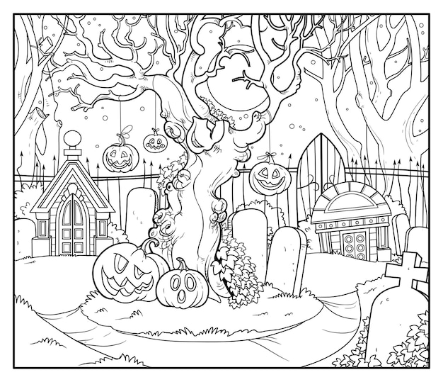 Árbol viejo aterrador con calabazas atadas en un antiguo cementerio abandonado con criptas dibujo lineal para colorear aislado sobre fondo blanco