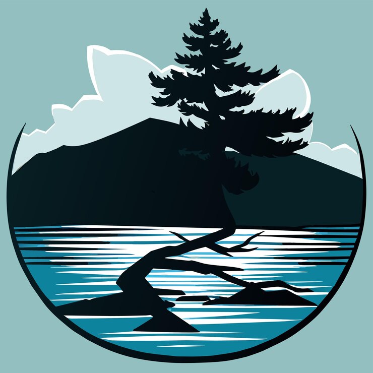 Vector un árbol viejo en un lago con las montañas cubiertas de nieve en el en un día nublado