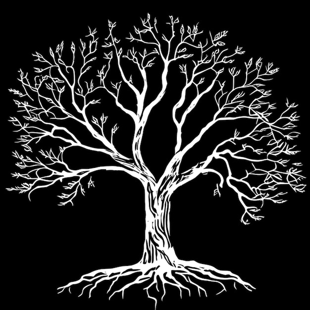 árbol viejo con raíces grabado de ilustración vectorial
