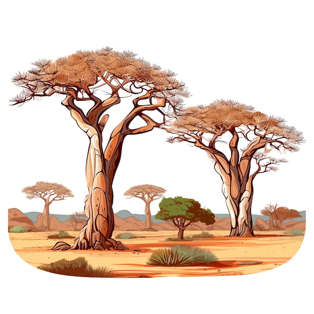 Vector Árboles africanos dibujados a mano acacias baobabs arbusto de hierba seca