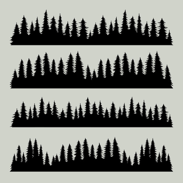 Los árboles antiguos y las siluetas del bosque establecen el diseño de los bosques de pino negro sobre un fondo blanco