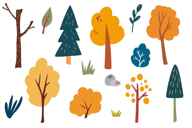 Árboles y arbustos. Colección de imágenes prediseñadas de plantas forestales. Dibujar a mano salvaje conjunto botánico. Otoño de varios tipos de árboles y hierbas. Ilustración de vector de estilo escandinavo sobre fondo blanco.