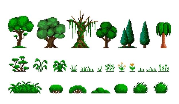 Vector Árboles y arbustos con hierba al estilo de pixel art arbusto tropical sprite de 8 bits desarrollo de juegos