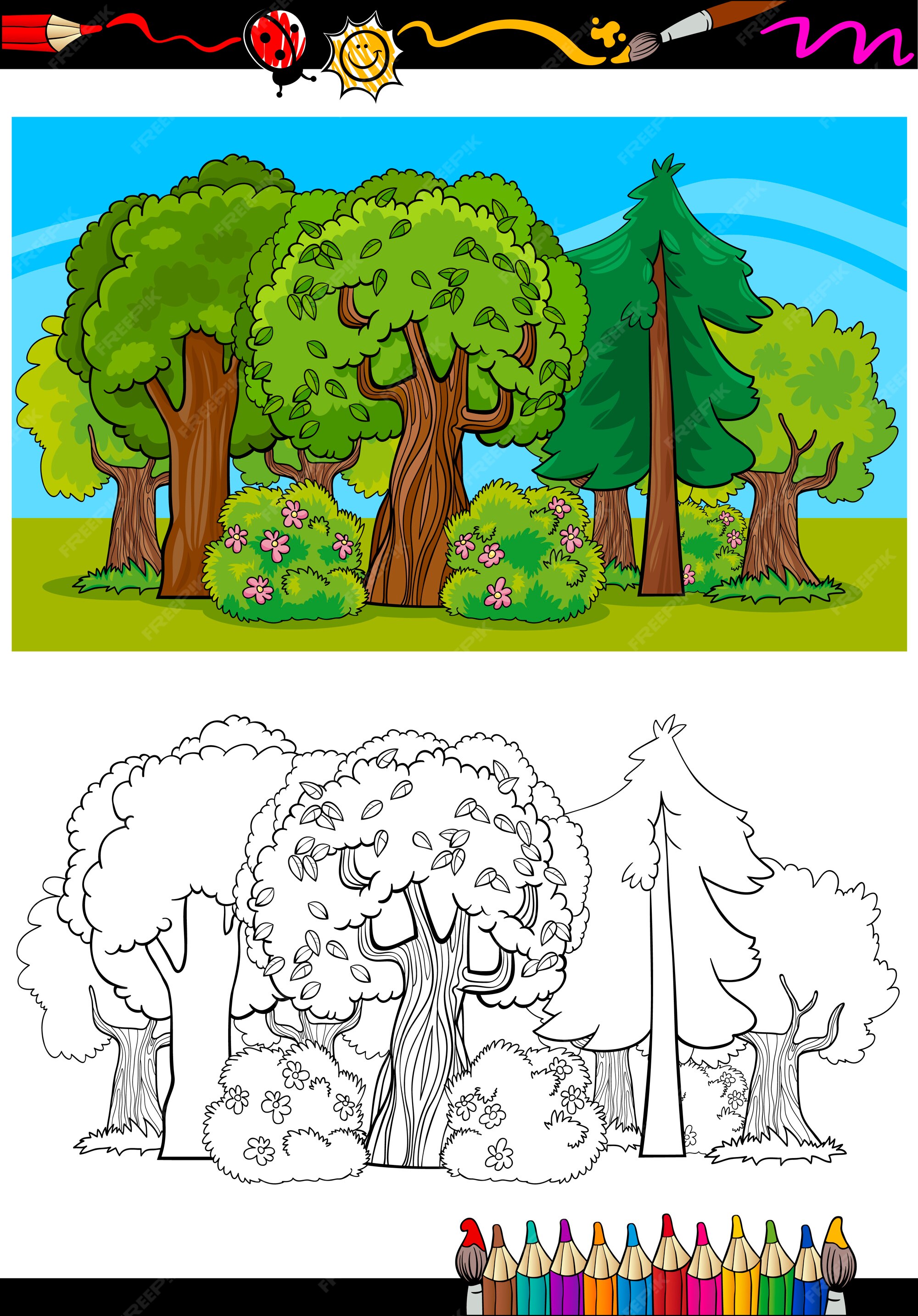 Árboles y bosque de dibujos animados para colorear libro | Vector Premium