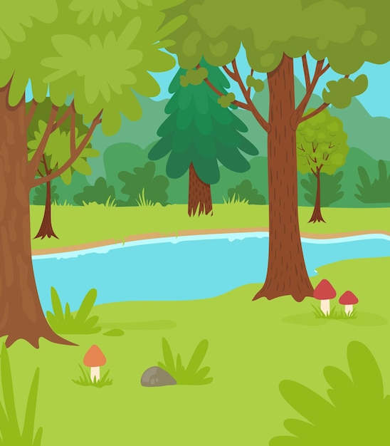 Árboles bosque fondo al aire libre con césped de luz verde plantilla de ilustración vectorial