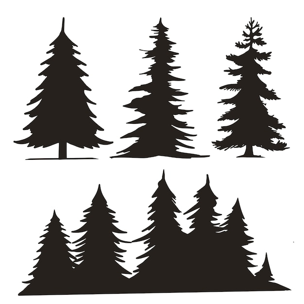 Vector Árboles, bosque, siluetas, conjunto, vendimia