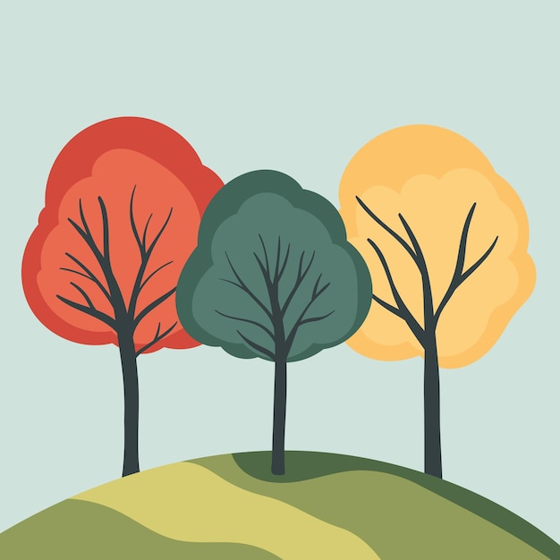 Árboles de colores en una colina verde gráficos planos y sombras vibrantes