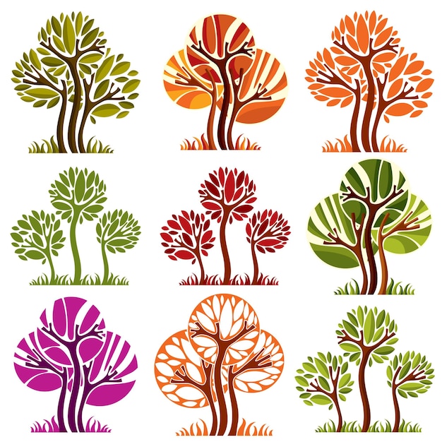 Árboles coloridos dibujados con arte vectorial. Los símbolos ecológicos de la idea de la temporada de primavera y otoño se pueden utilizar como concepto de ecología y conservación del medio ambiente.