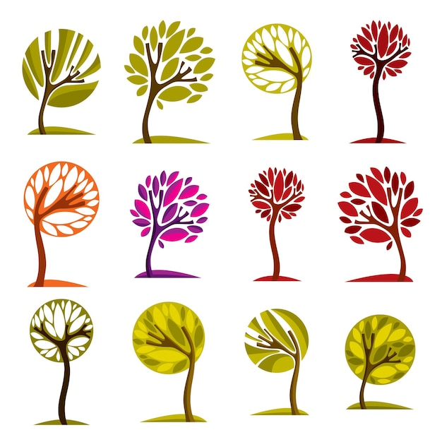 Árboles coloridos dibujados con arte vectorial. Los símbolos ecológicos de la idea de la temporada de primavera y otoño se pueden utilizar como concepto de ecología y conservación del medio ambiente.